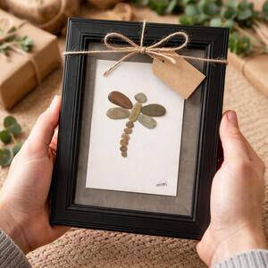 Dragonfly Pebble Art by Mimi (5" x 7") Insect Framed Wall Home Decor Gift Stone